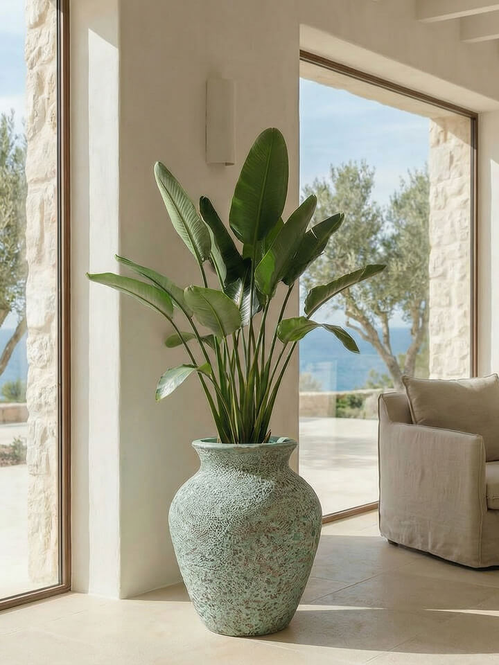 Una gran maceta verde en un jarrón con textura junto a los ventanales de un salón moderno y luminoso con un sofá beige y vistas al exterior.