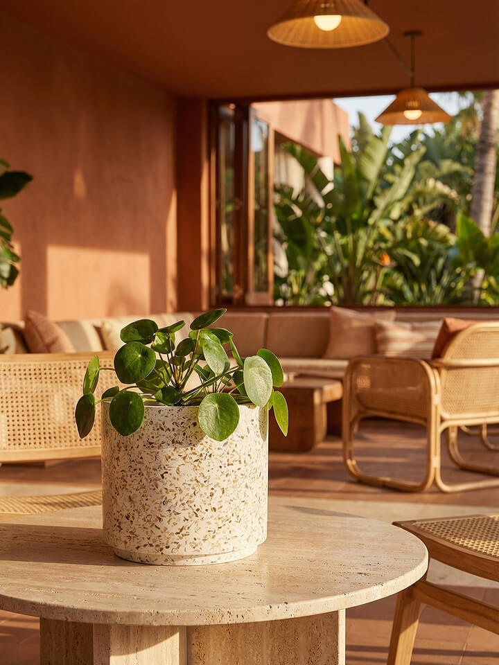 Una pilea en maceta sobre una mesa redonda de piedra en un salón exterior iluminado por el sol, con sillas de mimbre y plantas tropicales al fondo.