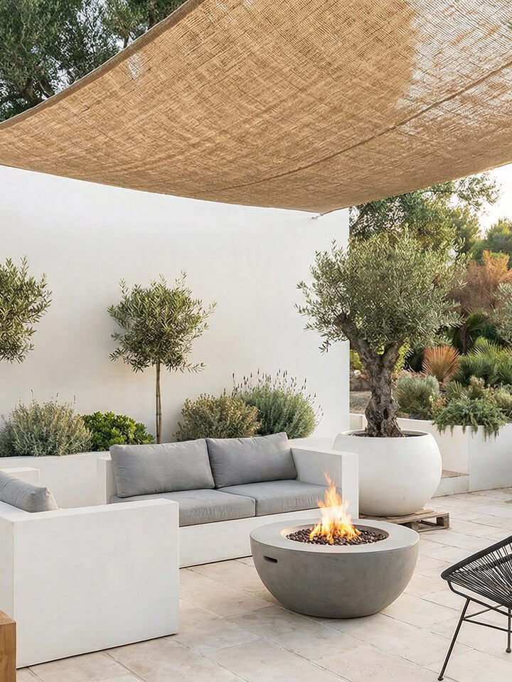 Moderno patio al aire libre con un sofá gris, una hoguera redonda, árboles en macetas y un toldo tejido encima.