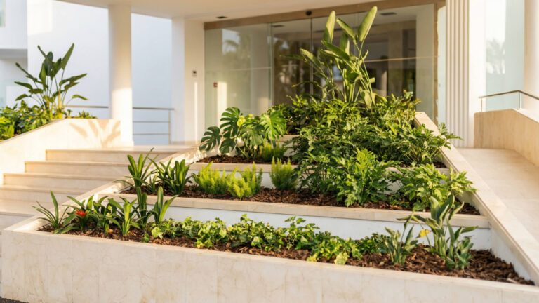 La entrada de un edificio moderno presenta jardineras escalonadas con bordes de mármol llenas de diversas plantas verdes y pequeños arbustos.