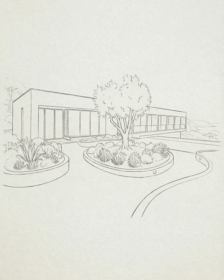 Dibujo lineal de un edificio moderno con grandes ventanales, un árbol y parterres ajardinados con diversas plantas en primer plano.