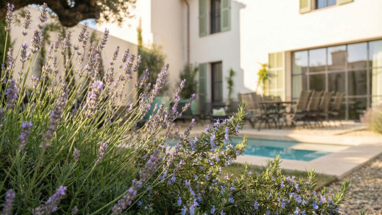 Los arbustos de lavanda en primer plano enmarcan una piscina y una zona de patio, creando una escapada serena cerca de una casa moderna: un escenario ideal para residencias privadas.