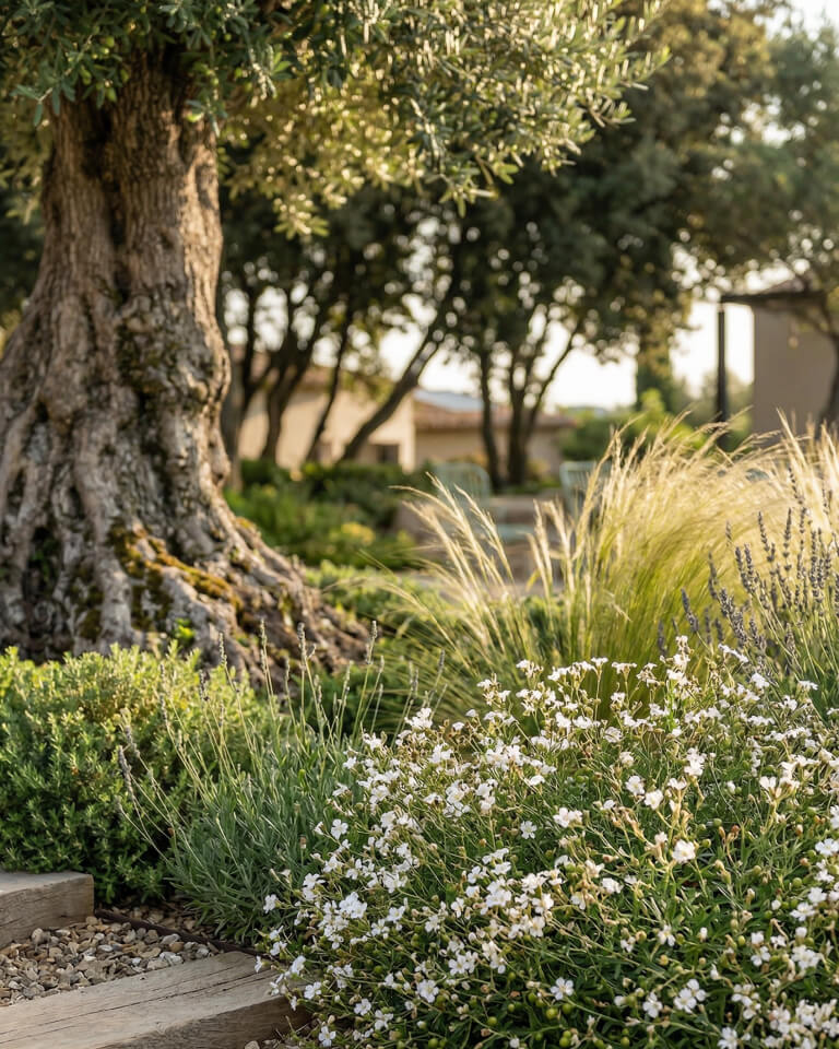 Una escena de jardín a la luz natural del sol con un viejo tronco de árbol, hierbas ornamentales, arbustos y plantas de flores blancas: la inspiración perfecta para Espacios Públicos que buscan un ambiente sereno y acogedor.