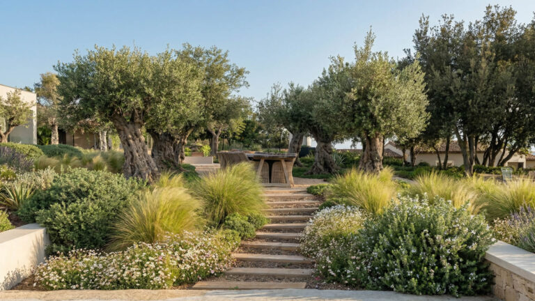 Escalones de piedra serpentean por jardines con hierbas altas, arbustos en flor y grandes olivos bajo un cielo despejado, creando espacios públicos que invitan a disfrutar de la belleza de la naturaleza.