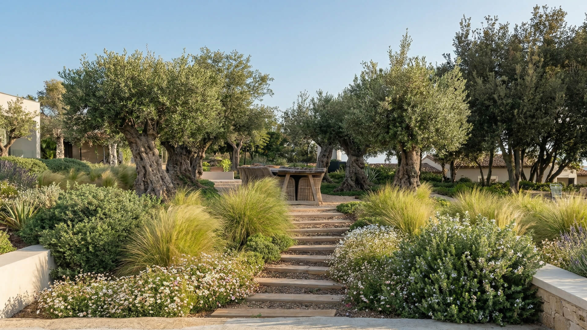Escalones de piedra serpentean por jardines con hierbas altas, arbustos en flor y grandes olivos bajo un cielo despejado, creando espacios públicos que invitan a disfrutar de la belleza de la naturaleza.