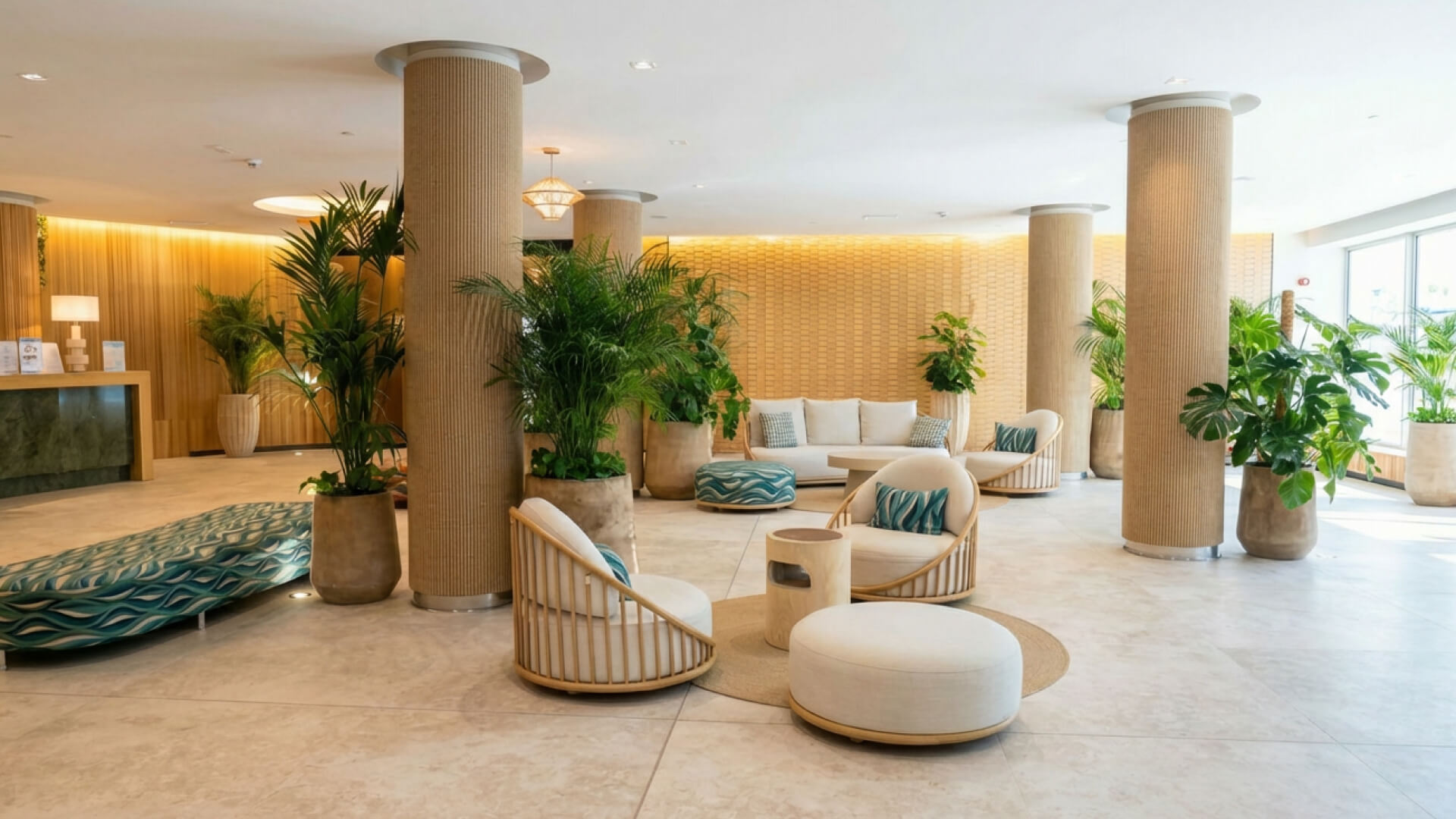 Vestíbulo de hotel moderno con suelos de baldosas beige, columnas redondas, muebles de ratán, asientos acolchados y numerosas plantas verdes en macetas. Al fondo se ve el mostrador de recepción.