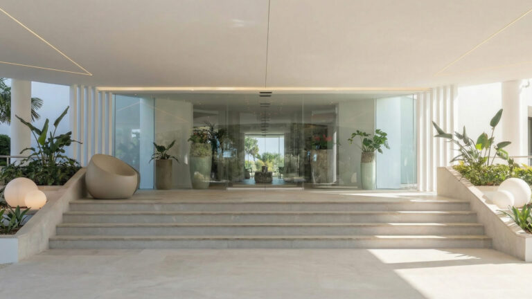 Moderna entrada al edificio con amplios escalones de piedra, grandes puertas de cristal, plantas en macetas y decoración minimalista bajo una zona cubierta.