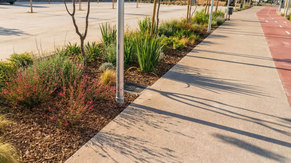 Una acera discurre junto a una zona ajardinada con mantillo, plantas verdes y flores, realzando la belleza de Espacios Públicos. Las sombras de las farolas y las plantas se proyectan sobre el paseo.