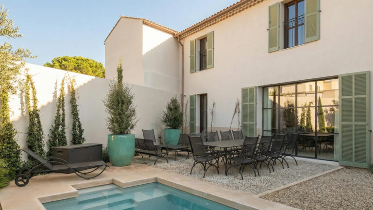 Un patio moderno con una pequeña piscina rectangular, muebles de exterior negros, grandes plantas en macetas y una casa de dos plantas con contraventanas verdes y paredes beige al fondo.