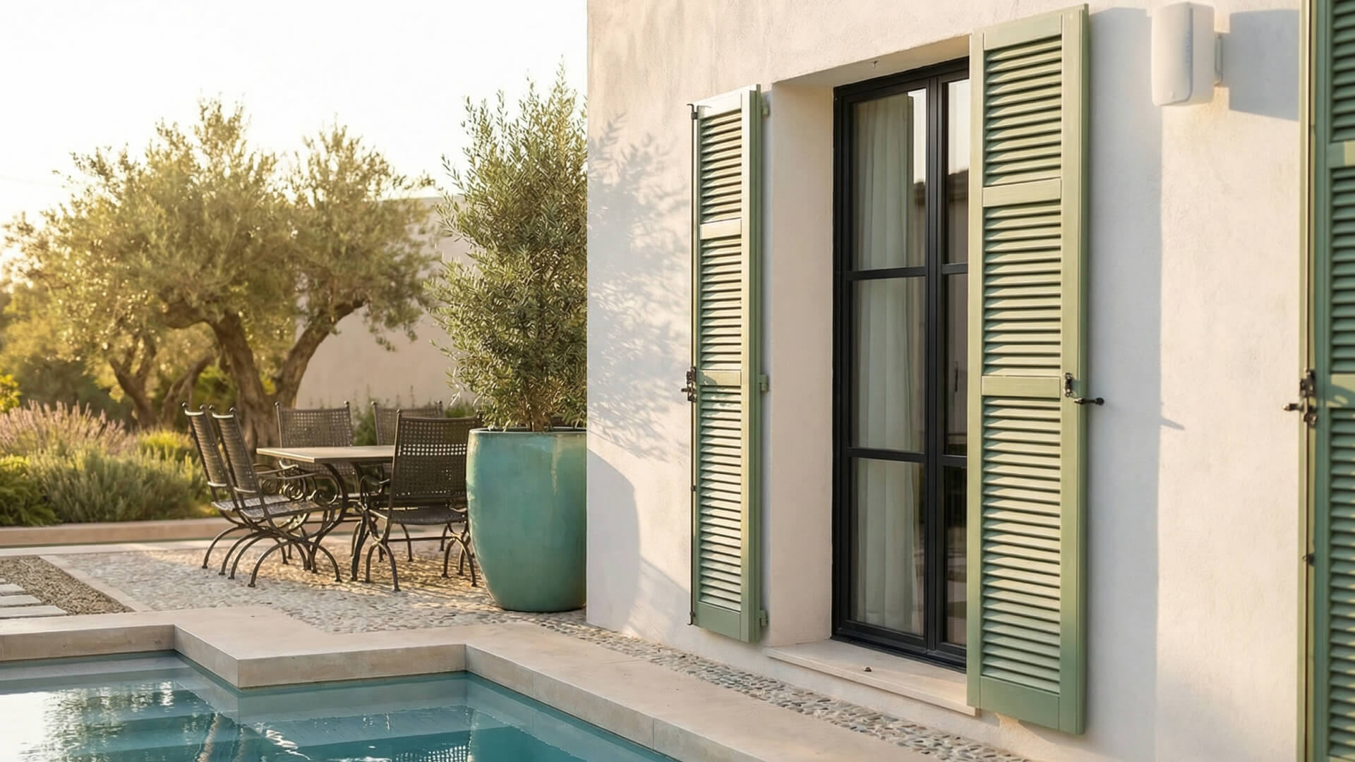 Un patio con muebles de exterior y una gran maceta se encuentra junto a una piscina y un edificio blanco con contraventanas verdes, ofreciendo un refugio sereno típico de las residencias privadas.
