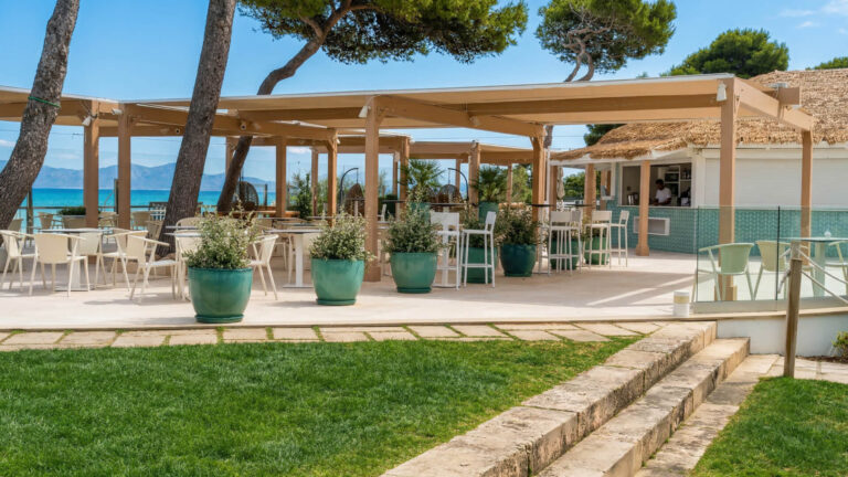 Cafetería al aire libre junto a la playa, con pérgolas de madera, sillas y mesas blancas, grandes macetas verdes y una vista del mar al fondo, perfecta para disfrutar de sabores frescos como los de los mejores restaurantes.