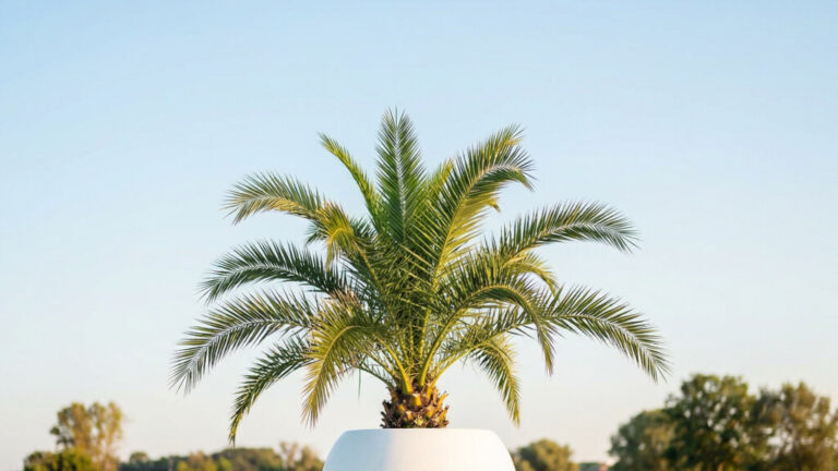 Una palmera en maceta se alza al aire libre contra un cielo azul despejado, con árboles visibles en el fondo distante.
