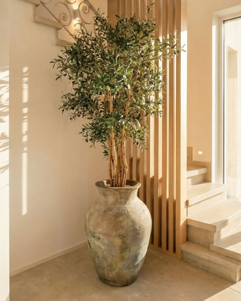 Un gran olivo en maceta se alza en un rincón iluminado por el sol, cerca de las escaleras y los listones de madera, añadiendo un toque de naturaleza al interior moderno y de tonos claros que suele verse en las residencias privadas.