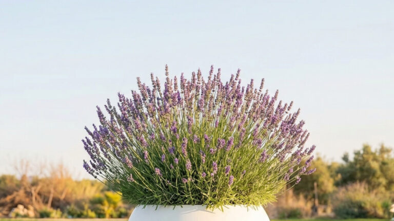 Una maceta blanca llena de flores de lavanda se encuentra al aire libre sobre un fondo de cielo y vegetación lejana.