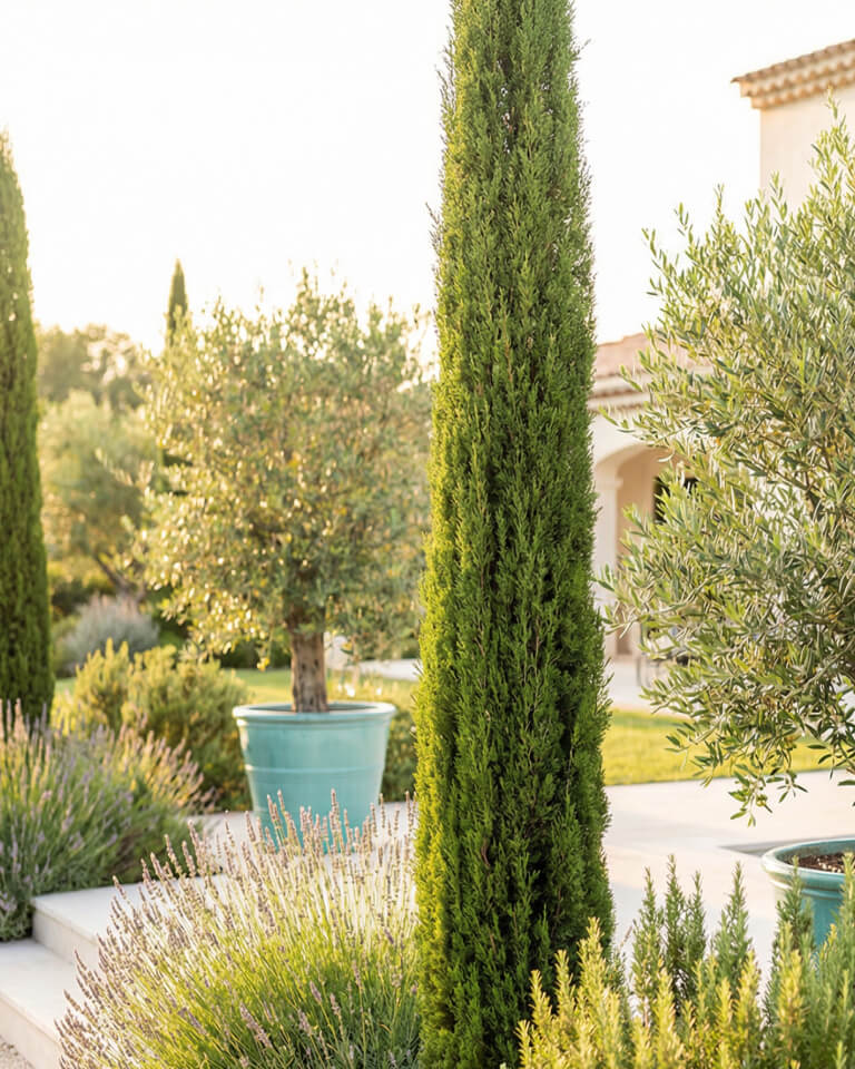 Un jardín paisajístico en residencias privadas cuenta con altos cipreses, olivos en macetas turquesas, lavanda vibrante y un edificio de color claro al fondo.
