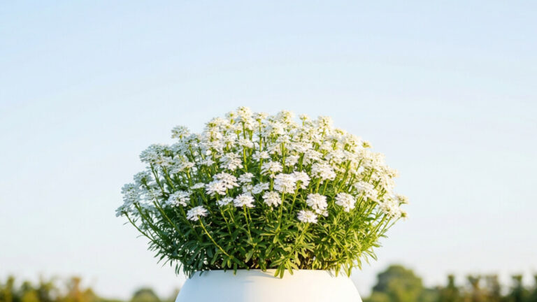 Una maceta blanca llena de flores blancas se muestra al aire libre contra un cielo azul claro.