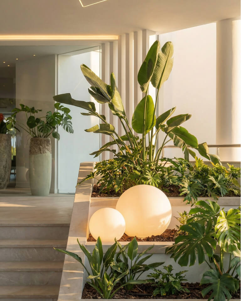 Moderna jardinera de interior con exuberantes plantas tropicales verdes y dos luces esféricas brillantes sobre una estructura escalonada de hormigón junto a unas escaleras en un espacio luminoso e iluminado por el sol.